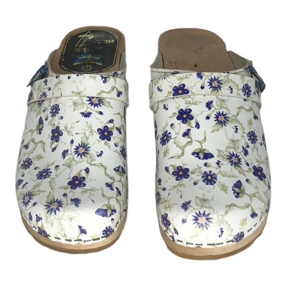 Across Floral Print Leather Swedish Wooden Clogs - Picture 7 of 12
